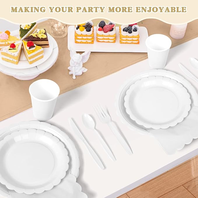 Vyntra 350 Pcs White Disposable Paper Plates and Napkins Set for 50, 9" Dinner Plates & 7" Dessert Plates, Tableware for Wedding, Bridal Shower, Birthday, Party