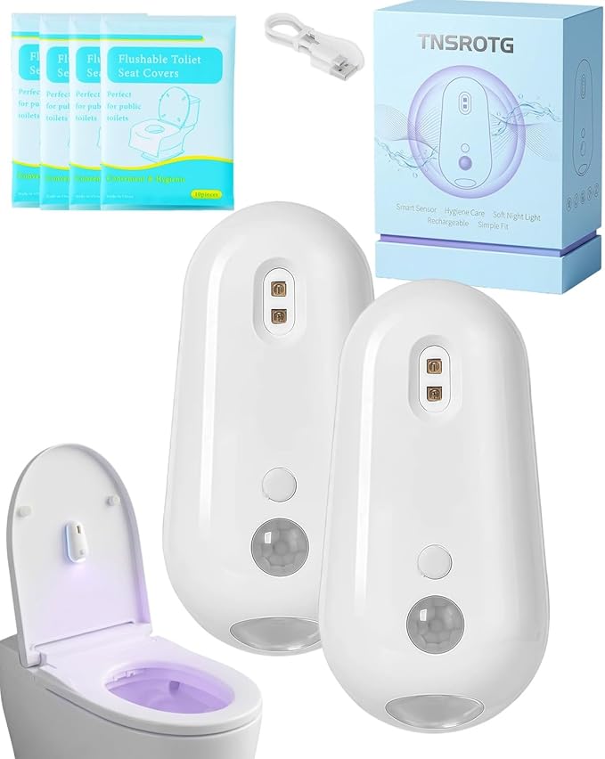 Self Cleaning UV Toilet Sanitizer and Night Light Elderly Motion Activated Rechargeable Toilets Lights Adhesive Sensor Smart Shared Bathroom Automatic Toilet Nightlight Mounted Bowl Seat(2pcs)