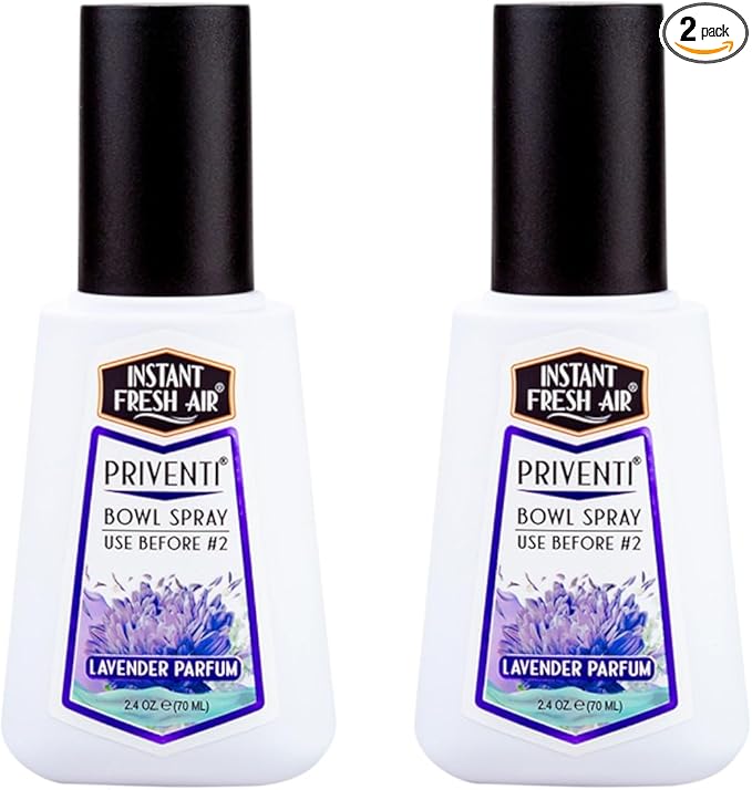 2-Pack - Instant Fresh Air Priventi Toilet Spray & Bathroom Spray Odor Eliminator - Up to 300 Uses - Travel Size Odor Elimination for #2 - Lavender Parfum Fragrance - 2.4 oz