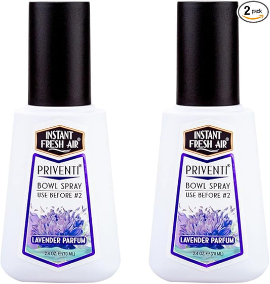 2-Pack - Instant Fresh Air Priventi Toilet Spray & Bathroom Spray Odor Eliminator - Up to 300 Uses - Travel Size Odor Elimination for #2 - Lavender Parfum Fragrance - 2.4 oz