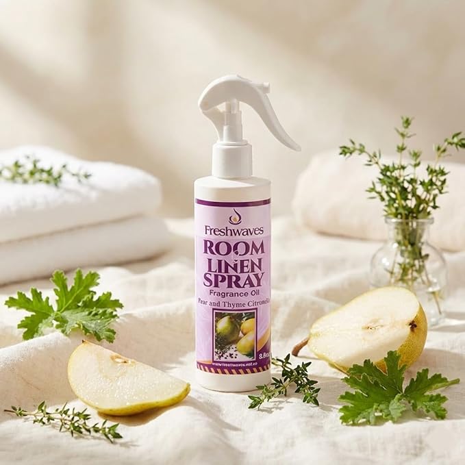 Freshwaves Room & Linen Spray | Pear & Thyme Citronella Fragrance Oil | 8.8oz Air Freshener | Odor Eliminator | Room Spray for Living Room | Bedroom | Restroom & Office | White Trigger Bottle