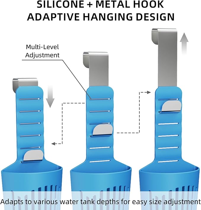 Adjustable Toilet Tank Tablet Holder, Hanging Controlled Release Bleach Tablet Dispenser, Large Silicone Basket Carrier with Rustproof Hooks for Toilet Tank, Fit Up to 7" Water Level,2pcs bla