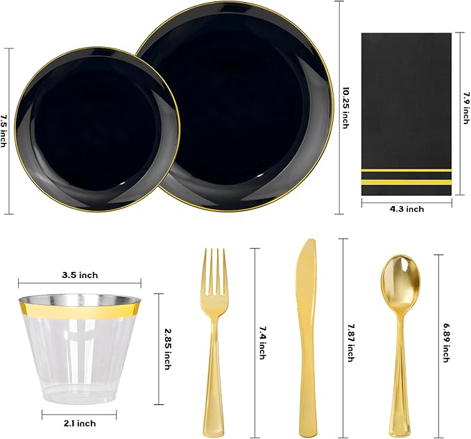 NOCCUR 350PCS Black and Gold Plastic Plates - Black Disposable Dinnerware Set for 50 Guests, 100 Dinner/Dessert Plates, 150 Gold Silverware, 50 Cups&50 Napkins for Party/Birthday/Graduation