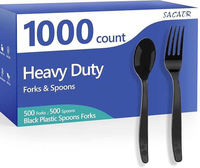 SACATR 1000 Count Black Plastic Cutlery Set (500 Spoons 500 Forks) Heavy Duty Disposable Bulk Silverware for Restaurant Catering Events