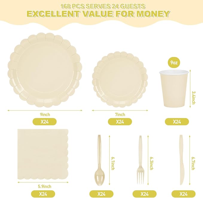 168 Pcs Ivory Paper Plates and Napkins Set, Tableware Set for 24 Guests Include Scalloped Cream Plates Napkins Cups Plastic Cutlery for Baby Shower, Wedding, Bridal Shower