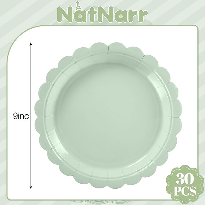 NatNarr 30 Pcs Sage Green Paper Plates 9 Inch Disposable Scalloped Wedding Plates Cute Dessert Cake Plate Party Dinner Plate for Spring, Bridal Baby Shower, Engagement, Birthday