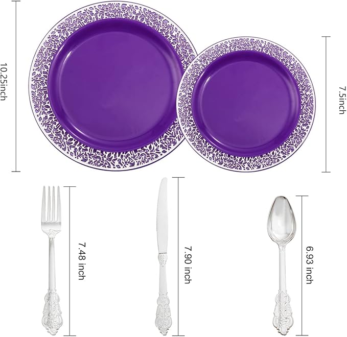 U-QE 150PCS Purple Silver Plastic Plates with Silver Silverware, Silver Party Supplies for 30 Guests Include 30 10.25" and 30 7.5" Plates, 30 Forks, 30 Knives, 30 Spoons