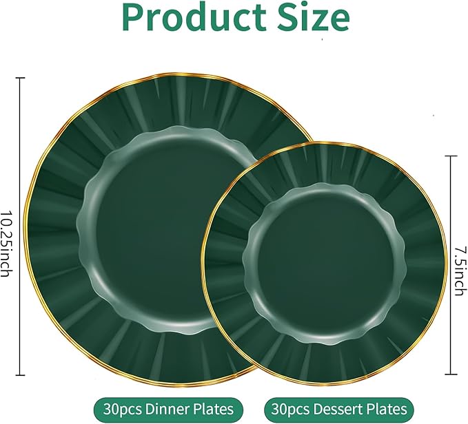 60Pcs Heavy Weight Green Plastic Plates with Gold Trim, Heavy Duty Green Disposable Plate, Elegant Party Plate Sets include 30 Dinner & 30 Dessert Plates for Wedding Party