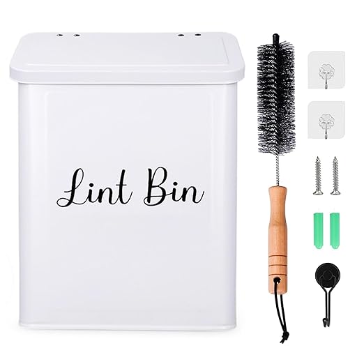 Magnetic Lint Bin for Laundry Room, Wall Mounted Metal Lint Box Holder Trash Can with Lid for Dryer, Lint Basket for Laundry Room Organization,Dryer Trash Can with Soft Lint Brush and Hooks