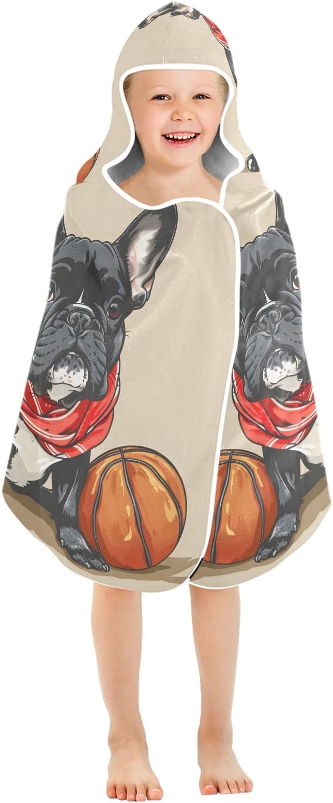 Hooded Towel for Kids Bulldog and Basketball Beach Wrap Bath Towels 50x23.5in