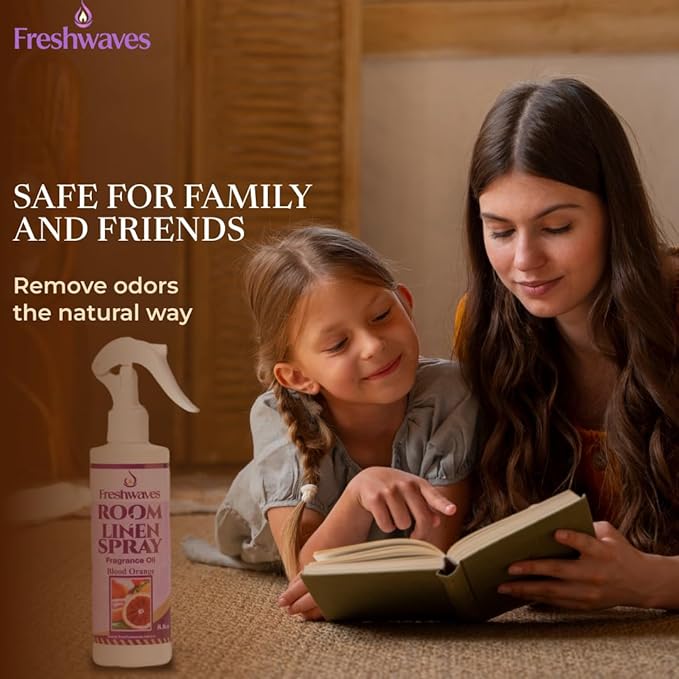 Freshwaves Room & Linen Spray | Blood Orange Fragrance Oil | 8.8oz Air Freshener | Odor Eliminator for Living Room, Bedroom, Bathroom & Office | White Bottle