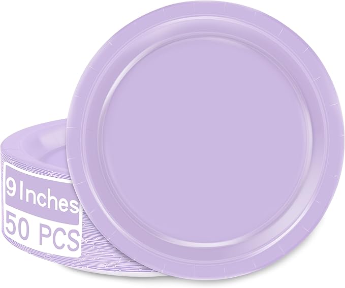 QZYL 50 Pieces of Paper Plates, Round Lavender Party Plates Pack, Disposable 9 Inches Paper Dinner Plates, Everyday Use Plates for Daily Meals Picnic Camping Birthday Wedding Christmas Supplies