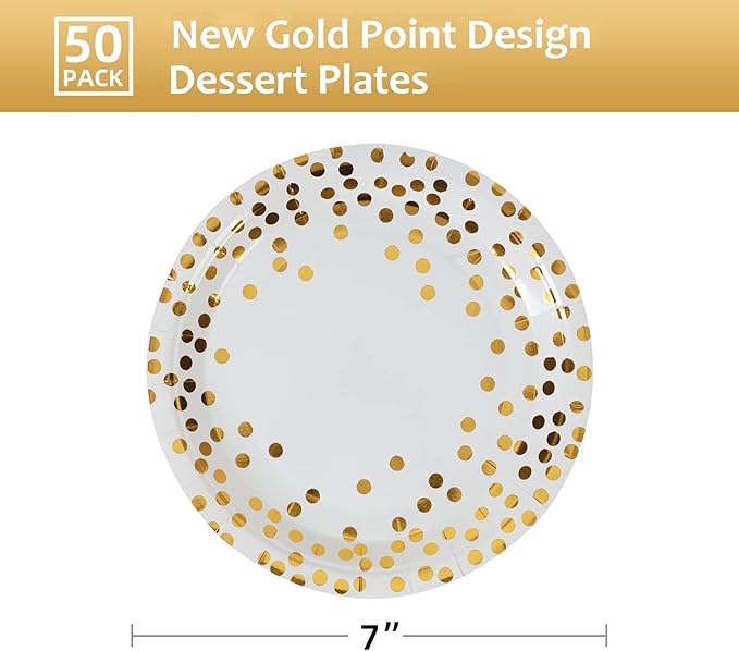 Gold Dots Party Paper Plates, 50 PCS Disposable Party Supplies Dessert Paper Plates for Birthday,Wedding Birdal Christmas Baby Shower (7 inches)