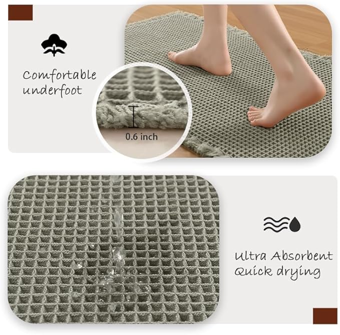 DWCN Set of 2 Waffle Bathroom Mats, Non Slip Bath Rug Set for Bathroom Floor, Super Absorbent Shower Mats for Tub, Washable Kitchen Rugs for Farmhouse Style, 16" x 24" Plus 24" x 60", Olive Green