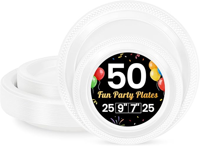 LANLISA 50 Pcs White Plastic Plates For Party, 25-9" & 25-7" Disposable Cake Dessert Plates For Birthday, Picnic, Wedding, Halloween Dinner