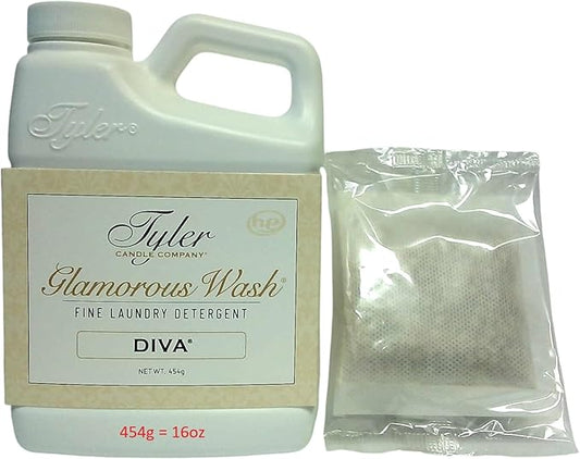 Tyler Candle Company Wash Diva 16 Fl oz HE, BZ Laundry Detergent/with Glamorous Sachet Single Pouch L