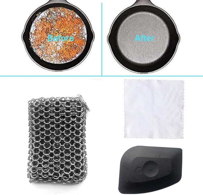 Cast Iron Skillet Cleaner, 316 Chainmail Scrubber Built-in Silicone Cast Iron Cleaner for Cast Irons Grill Pan Skillet Wok Bakeware Easy to Use Dishwasher Safe, Scrubber + Scraper + Towel (Black)