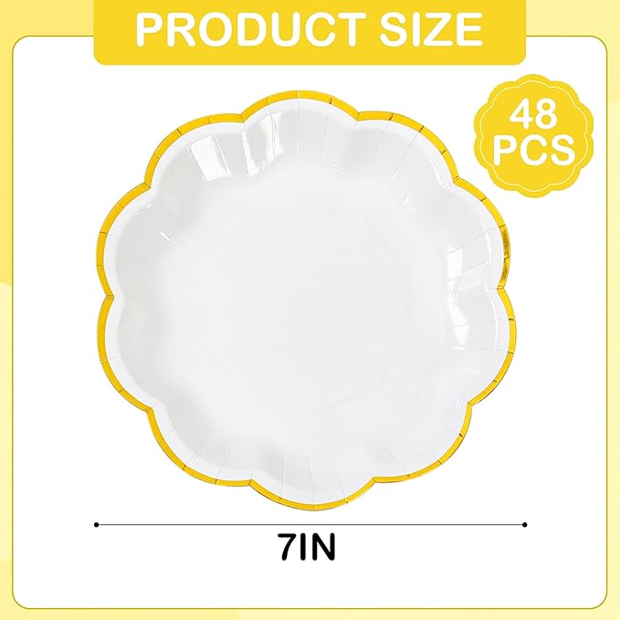 AimFun White Golden Party Plates Gold Foil Dessert Paper Plate 7inch Scalloped Edge Disposable Cake Plates for Tea Party Birthday Bridal Baby Shower Wedding Party Supplies (48, White)