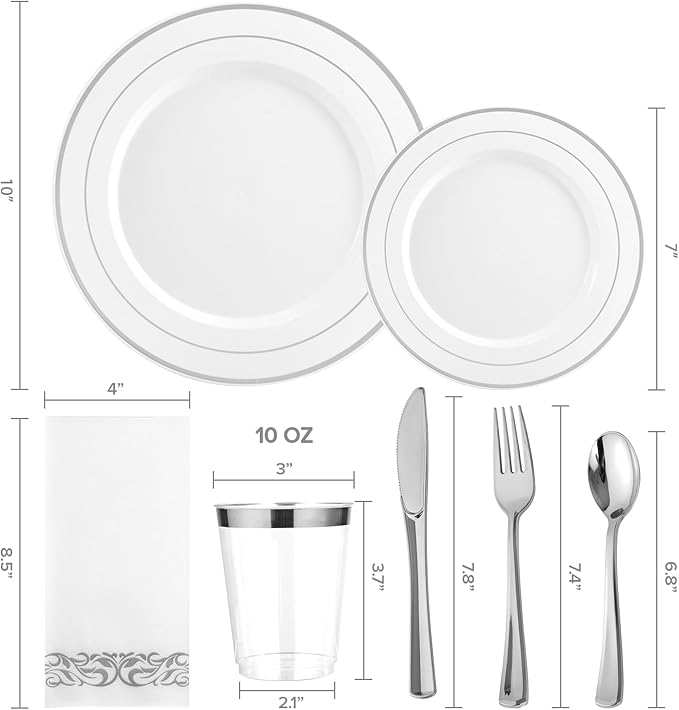 FOCUSLINE 175 Count Silver Dinnerware Set for 25 Guests - Silver Rimmed Disposable Plastic Plates Heavy Duty, Includes 25 Dinner & Salad Plates, Cups, Cutlery Set for Wedding Parties