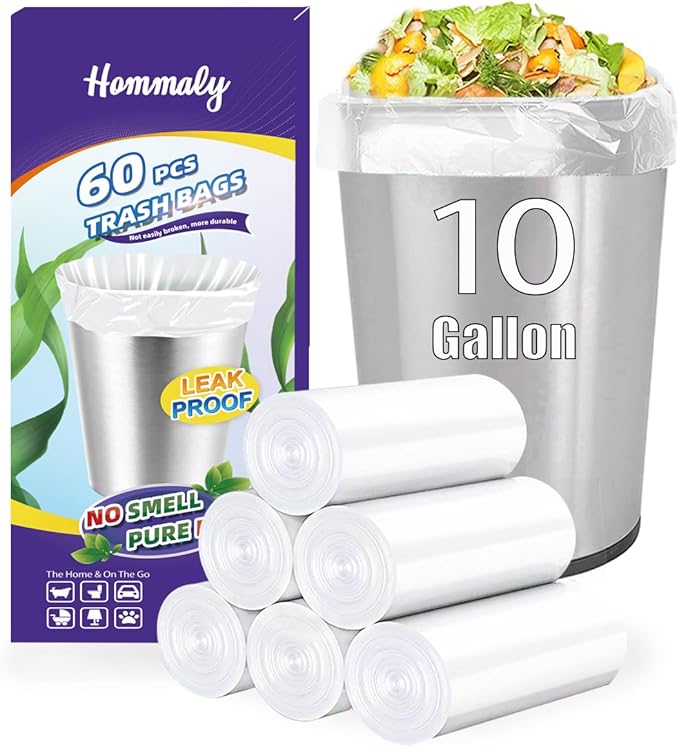 10 Gallon 60pcs Medium Clear Trash Bags Strong Clear Garbage Bags, Bathroom Trash Can Bin Liners, Plastic Bags for Office Home Kitchen, Waste Basket Liner, Fit 30 Liter, 10 Gal(10G60-Clear)