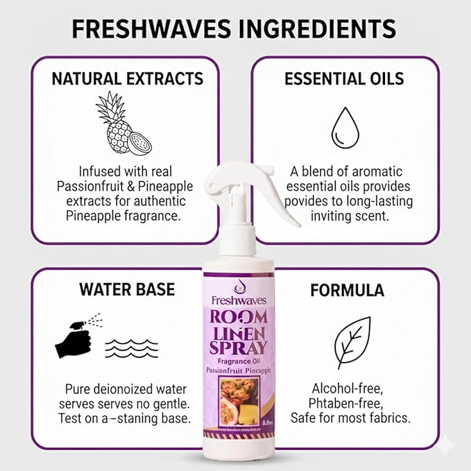 Freshwaves Room & Linen Spray | Passionfruit Pineapple Fragrance Oil | 8.8oz Air Freshener | Odor Eliminator | Room Spray for Living Room, Bedroom, Bathroom & Office | White Trigger Bottle