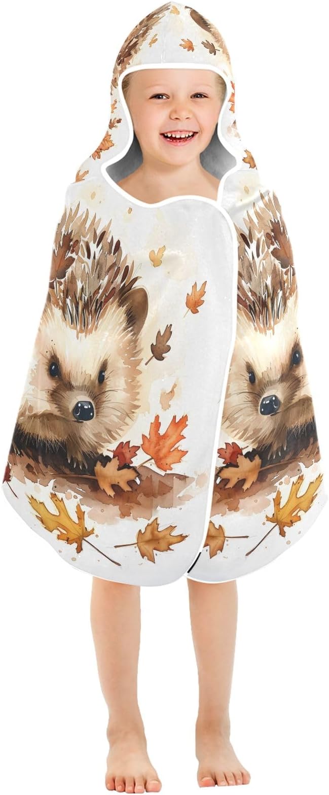 Hooded Towel for Kids Hedgehog and Maple Leaves Beach Wrap Bath Towels 50x23.5in
