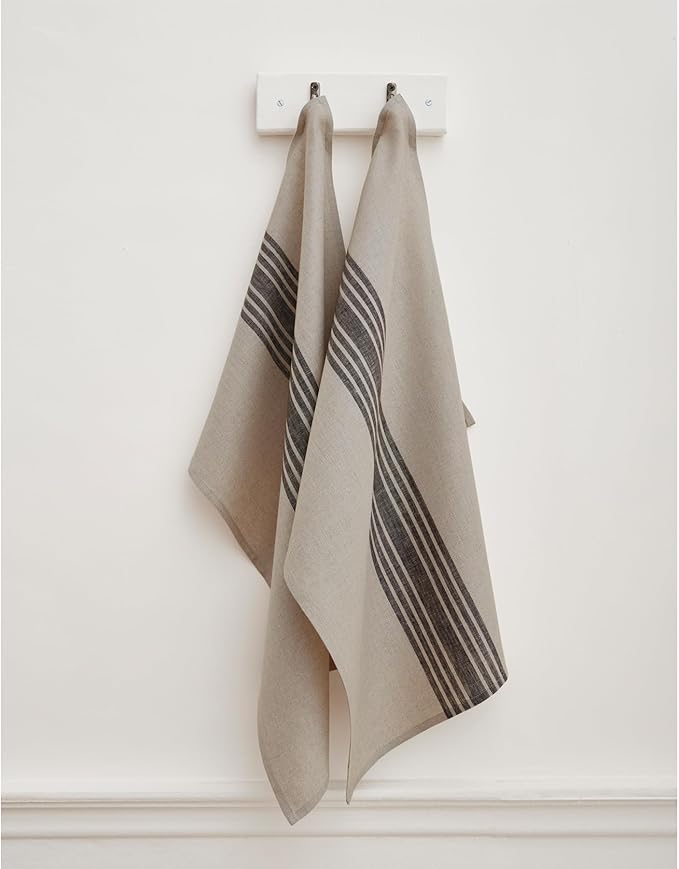 Solino Home Black and Natural Linen Kitchen Towels Set of 2-100% Pure Linen 17 x 26 Inch Farmhouse Tea Towels with Hanging Loop - European Flax Kitchen Dish Cloth - Quick Dry & Machine Washable