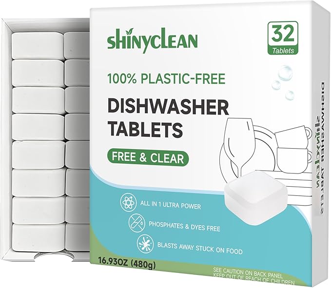 100% Plastic-Free Dishwasher Detergent Tablets, 32 Count, Free & Clear, All-in-One Dishwashing Pods, Enzyme-Powered for Stuck-On Food, Phosphate & Dye Free, Residue-Free Sparkling Shine