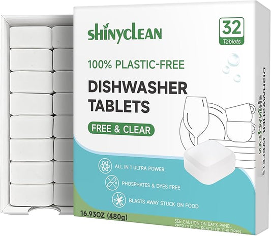 100% Plastic-Free Dishwasher Detergent Tablets, 32 Count, Free & Clear, All-in-One Dishwashing Pods, Enzyme-Powered for Stuck-On Food, Phosphate & Dye Free, Residue-Free Sparkling Shine