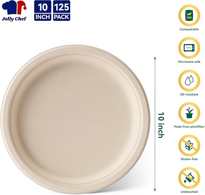 JOLLY CHEF Compostable Heavy Duty Plates 𝟭𝟬 𝗜𝗻𝗰𝗵 [𝟭𝟮𝟱 𝗣𝗮𝗰𝗸] Eco-Friendly Disposable Paper Plates Natural Bagasse Biodegradable Sugarcane Bulk for Party Hot Cold Dinner Christmas (Brown)