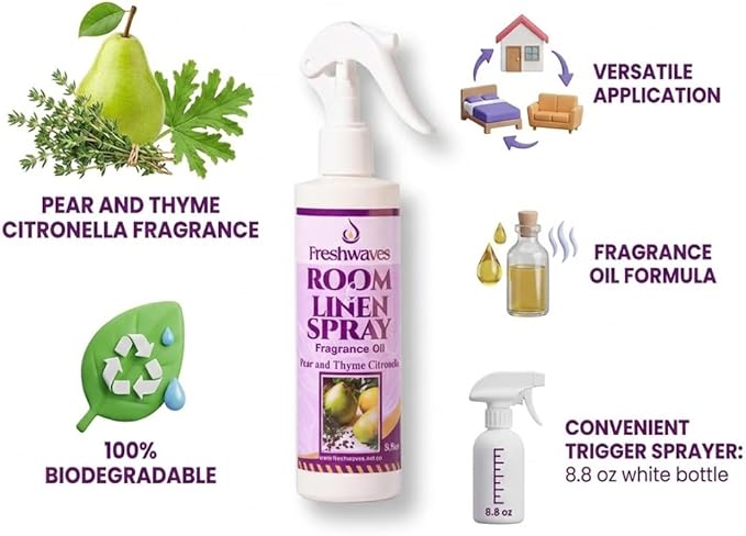 Freshwaves Room & Linen Spray | Pear & Thyme Citronella Fragrance Oil | 8.8oz Air Freshener | Odor Eliminator | Room Spray for Living Room | Bedroom | Restroom & Office | White Trigger Bottle