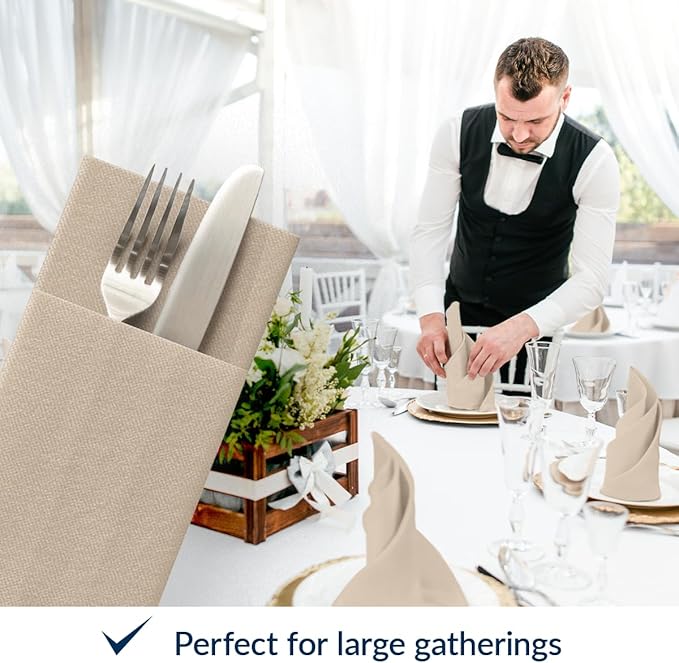 PAW - Linen Feel Napkins with Built-in Flatware Pocket, Soft and Absorbent Paper Pre-Folded Napkins, Guest Towels, Wedding Party, Dinner, Birthday, Gatherings, Monocolor Beige, 50 Count