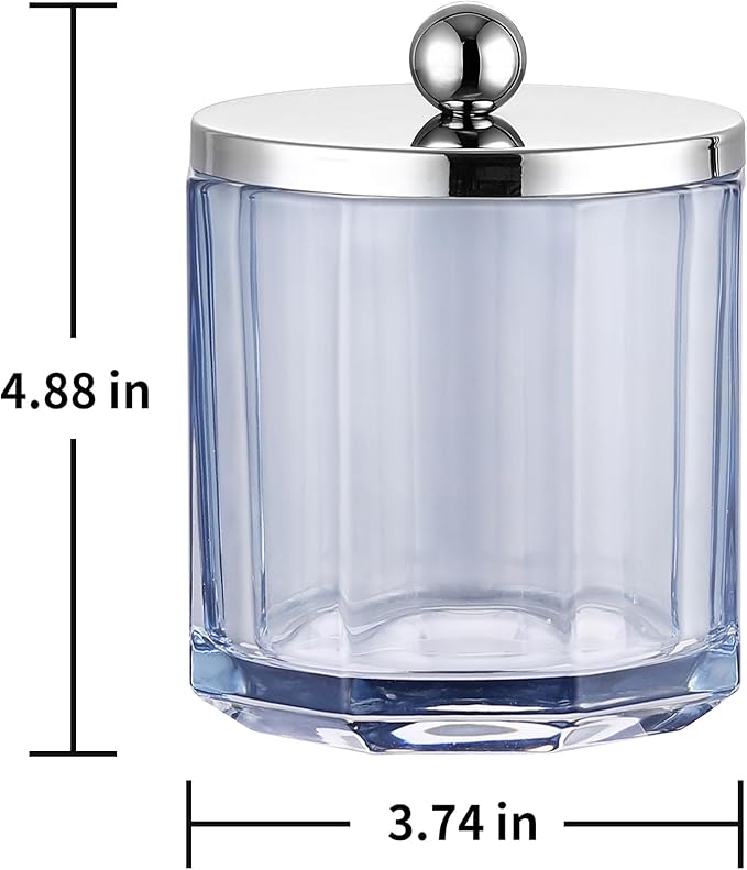 Light Blue Translucent Apothecary Octagional Shaped Glass Canister Jar With Metal Lid Cover for Bathroom Organization, Cotton Balls, Q Tips, and Small Accessories, Bathroom Storage