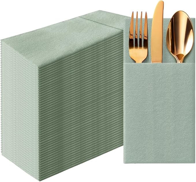 PAW - Sage Linen Feel Napkins with Built-in Flatware Pocket, Airlaid Paper Pre-Folded Napkins for Silverware, Wedding Party, Dinner, Birthday, Gatherings, Monocolor Light Green, 50 Count
