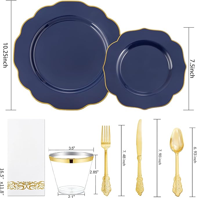 NOCCUR 175PCS Blue Plastic Plates with Disposable Silverware - Include 50 Blue Disposable Plates with Gold Rim,75 Gold Cutlery,25 Cups,25Napkins for Party/Wedding/Graduation/Memorial Day