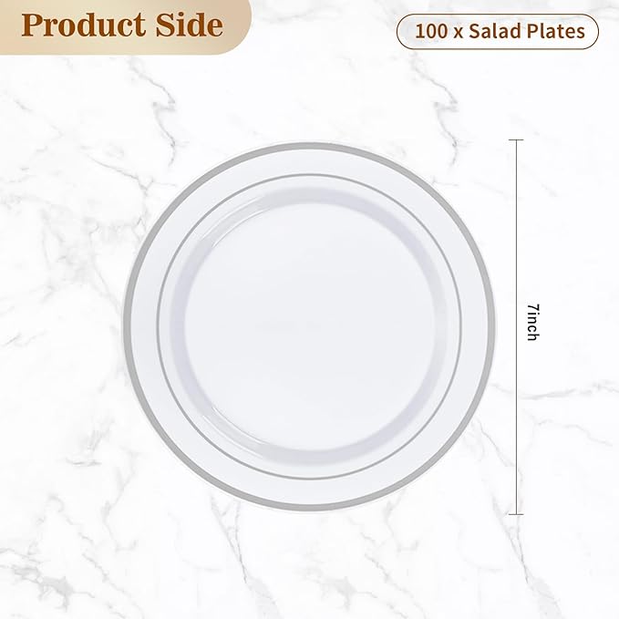 BESTVIP 100PCS 7 Inch Silver Plastic Dessert Plates, Disposable Plate with Silver Rim for Salad/Samll Cakes, Heavy Duty Plates for Party, Wedding and Birthday, Events