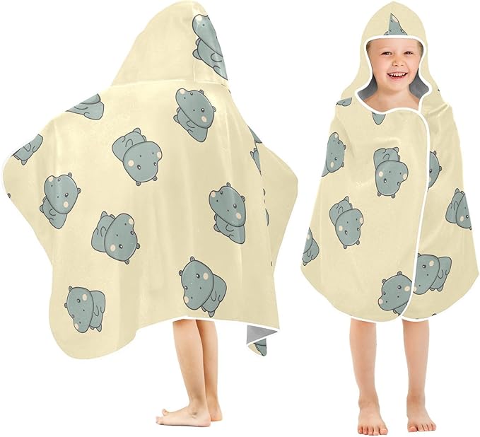 susiyo Kids Hooded Bath Towel Cute Gray Hippo Beach Towel for Kids 23.5 x 50 Inch Microfiber Soft Absorbent Quick Dry Bath Swim Pool Towel Wrap Poncho Bathrobe with Hood for Kids Toddler