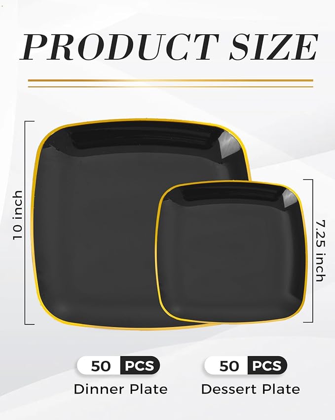 bUCLA 100PCS Black Plastic Plates with Gold Trim - Heavy Duty Black Gold Square Plates Disposable - Include 50 Each (Dinner & Dessert) for Party & Graduation