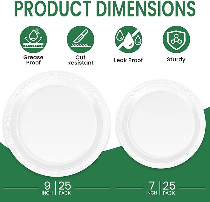 LANLISA 50 Pcs White Plastic Plates For Party, 25-9" & 25-7" Disposable Cake Dessert Plates For Birthday, Picnic, Wedding, Halloween Dinner