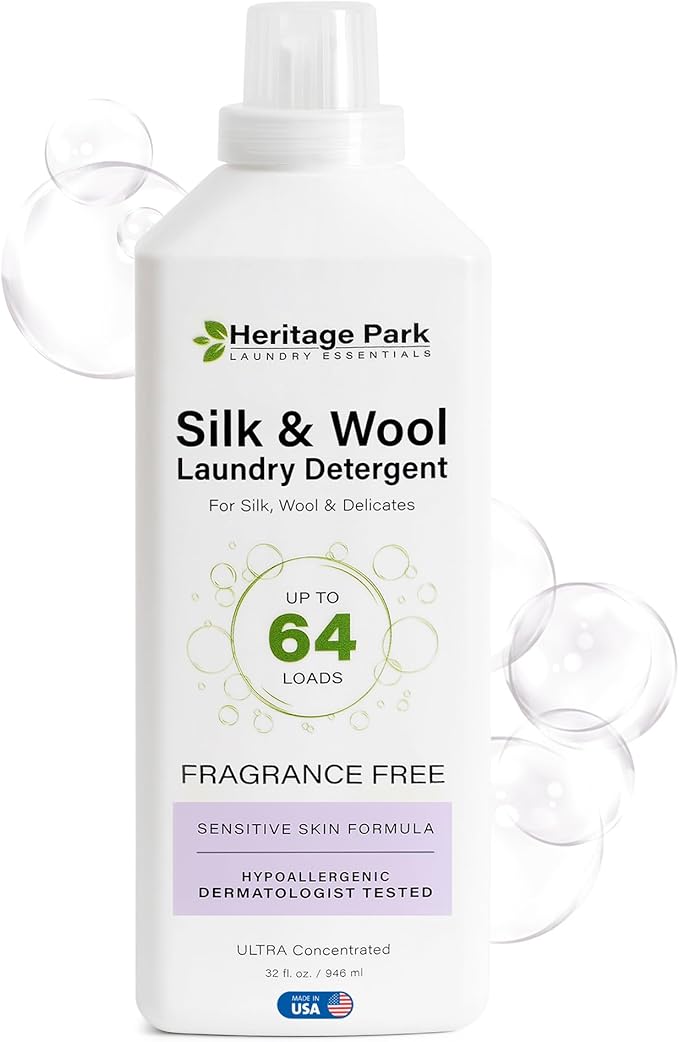 Heritage Park Silk & Wool Fragrance Free, Hypoallergenic, pH-Neutral Laundry Detergent - Dermatologist-tested, Sensitive Skin-Friendly, Enzyme-Free, Concentrated Up to 64 loads (32 fl oz)