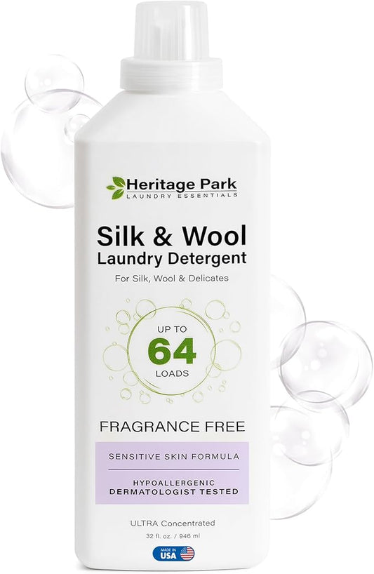 Heritage Park Silk & Wool Fragrance Free, Hypoallergenic, pH-Neutral Laundry Detergent - Dermatologist-tested, Sensitive Skin-Friendly, Enzyme-Free, Concentrated Up to 64 loads (32 fl oz)