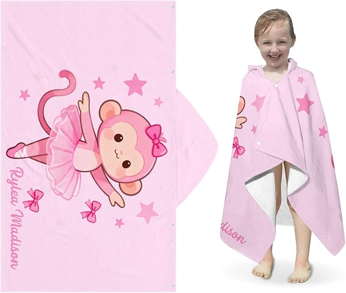 Ballet Dancer Pink Monkey Personalized Hooded Towel Absorbent Wrap Soft Pool Beach Bath Towels Hood Poncho for 5-12 Years Kids Boys Girls