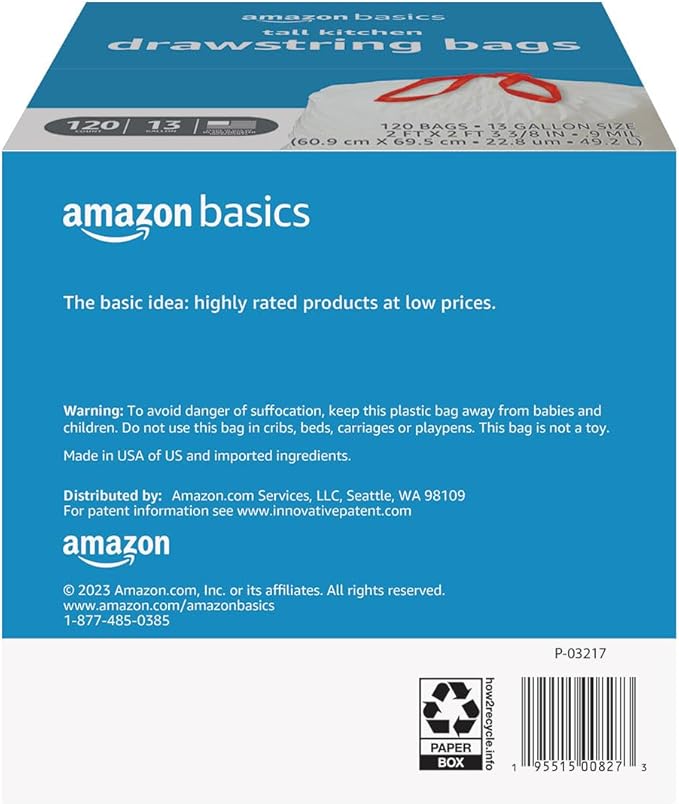 Amazon Basics Tall Kitchen Drawstring Trash Bags, Sturdy and Tear Resistant, 13 Gallon, Unscented, 120 Count