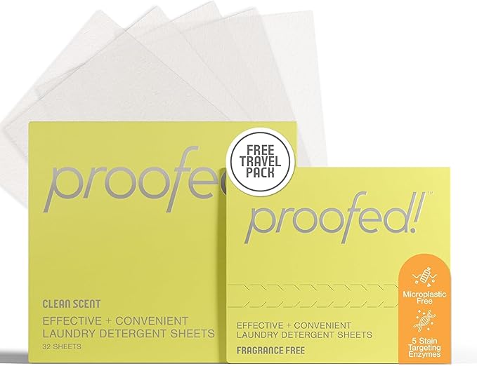 Proofed! Laundry Detergent Sheets, The Only 100% Plastic-Free Sheet, No PVA or PVOH, Hypoallergenic, Bio-Based Ingredients, Made in USA, Clean Scent/Fragrance Free, 2 Box, 37 Count