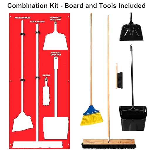 Clean & Sweep 5S Shadow Board/Wall Mount Broom Holder, 68" x 30" Board, 5S Cleaning Station - with Broom and Dustpan Set Included, Made in The USA by AccuformNMC, Red/White, PSB116RDWT