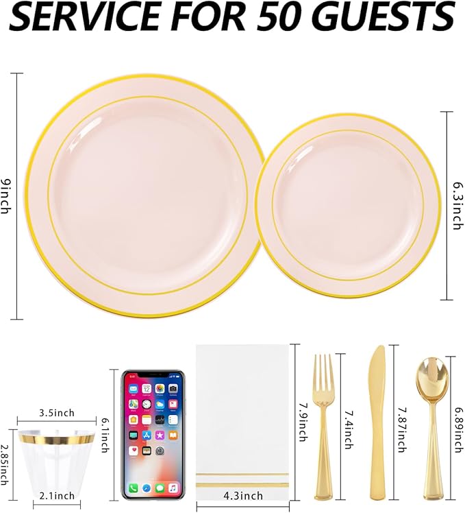 GATHER 350PCS Pink Plastic Plates - Disposable Plastic Dinnerware Set Include 100 Pink Plates, 150 Silverware, 50 Napkins, 50 Cups for Party & Wedding & Baby Shower