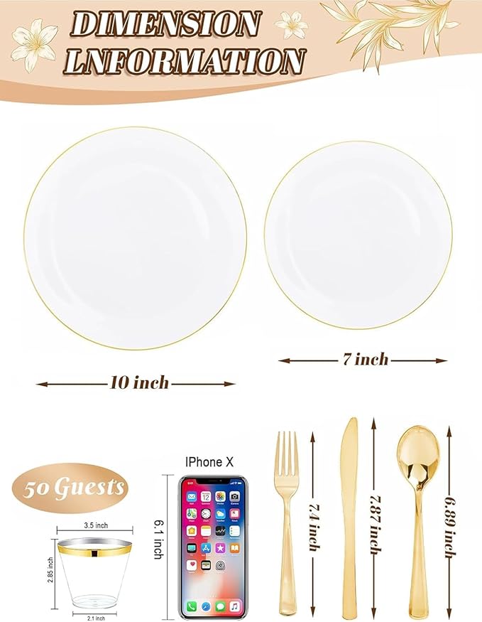 WDF 300Pcs White and Gold Plastic Plates - Gold Plates Disposable - 50 Guest Disposable Dinnerware Include 50 Dinner Plate 50 Dessert Plate 50 Cutlery 50 9oz Cups for Wedding/Birthday/Party
