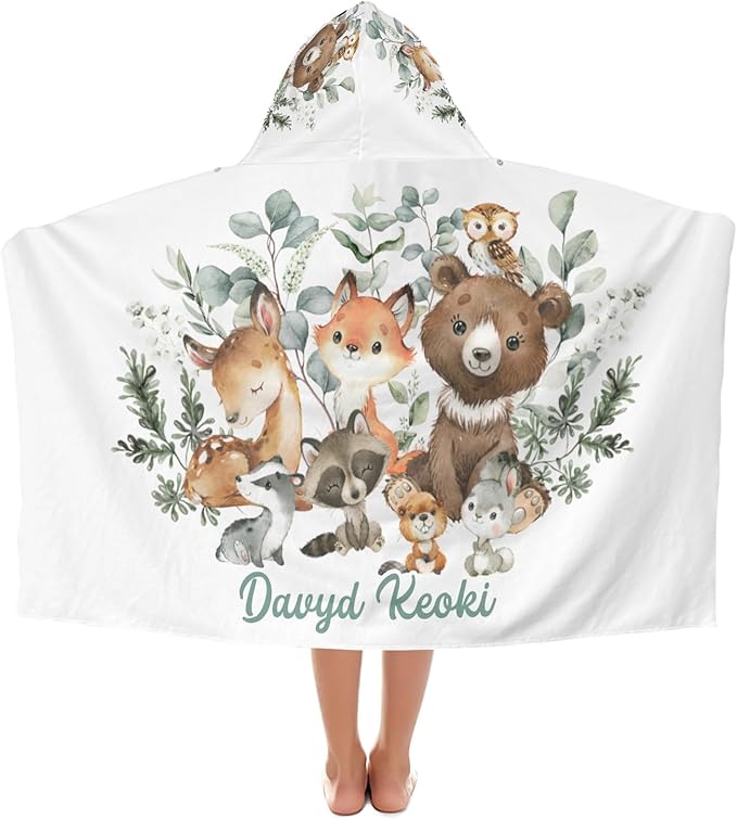 Greenery Woodland Animal Personalized Kids Hooded Towel with Name Soft Absorbent Beach Pool Bath Towels Hood Poncho for Boys Girls