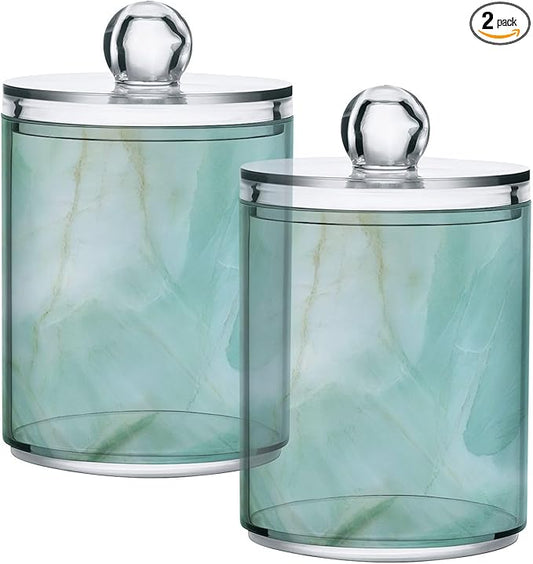 Blueangle 2PCS Green Marble Pattern Qtip Holder Dispenser with Lids - Apothecary Jar Containers for Vanity Organizer Storage - Plastic Food Storage Canisters（182）