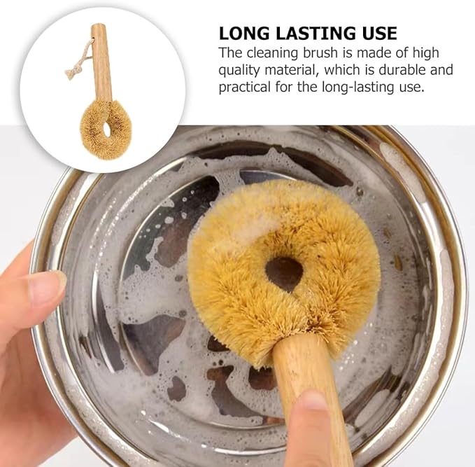 1pc Wooden Handle Coconut Palm Pot Scrubber Brush for Kitchen Cleaning Natural Bowl Cleaning Tool Comfortable Grip for Pots Pans and Dishes